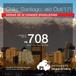 Promoção de Passagens para o <b>Chile: Santiago</b>, saindo de 32 cidades brasileiras! A partir de R$ 708, ida e volta; a partir de R$ 1.040, ida e volta, COM TAXAS INCLUÍDAS, em até 4x sem juros! Datas até Outubro/2017!