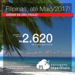 Passagens em promoção para as FILIPINAS: Manila, com valores a partir de R$ 2.620, ida e volta; R$ 3.143, ida e volta, C/ TAXAS INCLUÍDAS, em até 5x sem juros! Datas de Março até Junho/2017, saindo de São Paulo!