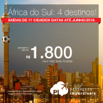 Promoção de Passagens para <b>África do Sul: Cape Town, Durban, Joanesburgo, Port Elizabeth</b>! A partir de R$ 1.800, ida e volta, COM TAXAS INCLUÍDAS! Datas até Junho/2018. Saídas de 17 cidades.