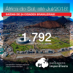 Promoção de Passagens para a <b>ÁFRICA DO SUL: Cape Town ou Joanesburgo</b>! A partir de R$ 1.792, ida e volta, COM TAXAS INCLUÍDAS! Datas para viajar até Julho/2018, saindo de 24 cidades brasileiras!