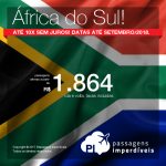 Promoção de Passagens para a <b>África do Sul: Cape Town ou Joanesburgo</b>! A partir de R$ 1.864, ida e volta, COM TAXAS INCLUÍDAS! Até 10x SEM JUROS! Datas até Setembro/2018. Saídas de 17 cidades.