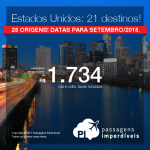 Passagens para <b>21 destinos dos EUA</b>: Boston; Chicago; Cincinnati; Denver; Detroit; Los Angeles; Memphis; Miami; Nova York; Orlando; San Francisco e mais! A partir de R$ 1.734, ida+volta, C/ TAXAS!