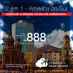 Promoção de Passagens 2 em 1 <b>América do Sul</b> – Escolha entre Buenos Aires, Mendoza, Montevideo ou Santiago! A partir de R$ 888, todos os trechos, COM TAXAS! Até 12x SEM JUROS! Datas até Janeiro/2019. Saídas de 19 origens.