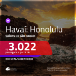 Passagens para o <b>HAVAÍ: Honolulu</b>! A partir de R$ 3.022, ida e volta, datas para viajar em 2019, inclusive no CARNAVAL! COM TAXAS INCLUÍDAS, em até 10x SEM JUROS! Saídas de SP!