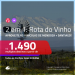 ROTA DO VINHO!!! Promoção de Passagens 2 em 1 – <b>ARGENTINA: Mendoza + CHILE: Santiago</b>! A partir de R$ 1.490, todos os trechos, c/ taxas!