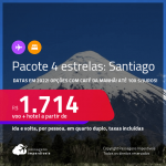 <strong>PASSAGEM + HOTEL 4 ESTRELAS</strong> em <strong>SANTIAGO, no Chile</strong>! A partir de R$ 1.714, por pessoa, quarto duplo, c/ taxas! Opções com CAFÉ DA MANHÃ incluso! Em até 10x SEM JUROS!