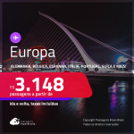 Passagens para a <strong>EUROPA</strong>: <strong>Alemanha, Bélgica, Espanha, França, Holanda, Inglaterra, Irlanda, Itália, Luxemburgo, Portugal, Suíça ou Turquia</strong>, com valores a partir de R$ 3.148, ida e volta, c/ taxas! Em até 10x SEM JUROS!