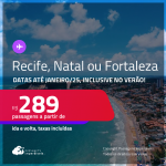 Passagens para <strong>FORTALEZA, NATAL ou RECIFE</strong>! A partir de R$ 289, ida e volta, c/ taxas!  Datas até Janeiro/25, inclusive no Verão!