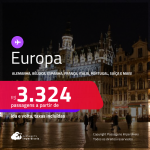 Passagens para a <strong>EUROPA</strong>: <strong>Alemanha, Bélgica, Espanha, França, Holanda, Inglaterra, Irlanda, Itália, Luxemburgo, Portugal ou Suíça</strong>! A partir de R$ 3.324, ida e volta, c/ taxas! Em até 10x SEM JUROS!