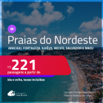 Passagens para as <strong>PRAIAS DO NORDESTE: Aracaju, Fortaleza, Ilhéus, João Pessoa, Maceió, Natal, Porto Seguro, Recife, Salvador ou São Luís</strong>! Valores a partir de R$ 221, ida e volta!