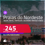 Passagens para as <strong>PRAIAS DO NORDESTE: Aracaju, Fortaleza, Ilhéus, João Pessoa, Maceió, Natal, Recife, Salvador ou São Luís</strong>! Valores a partir de R$ 245, ida e volta! Em até 6x SEM JUROS!