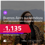 Aproveite! Passagens para <strong>BUENOS AIRES ou MENDOZA</strong>! A partir de R$ 1.135, ida e volta, c/ taxas! Opções de VOO DIRETO!