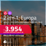 Passagens 2 em 1 para a <strong>EUROPA </strong>– Escolha 2 entre: <strong>Amsterdam, Dublin, Frankfurt, Lisboa, Londres, Madri ou Paris</strong>! A partir de R$ 3.954, todos os trechos, c/ taxas! Em até 10x SEM JUROS!