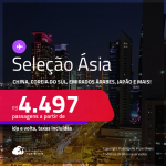 Passagens para a <strong>CHINA, COREIA DO SUL, EMIRADOS ÁRABES, HONG KONG, JAPÃO, MALDIVAS, QATAR, SINGAPURA, TAILÂNDIA ou ÍNDIA</strong>! A partir de R$ 4.497, ida e volta, c/ taxas! Em até 5x SEM JUROS! Opções com BAGAGEM INCLUÍDA!