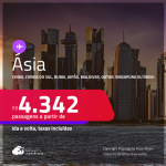 Seleção de Passagens para a <strong>ÁSIA:</strong> <strong>China, Coreia do Sul, Emirados Árabes, Japão, Maldivas, Qatar, Singapura ou Índia</strong>! A partir de R$ 4.342, ida e volta, c/ taxas! Em até 6x SEM JUROS! Opções com BAGAGEM INCLUÍDA!