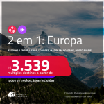 Passagens 2 em 1 para a <strong>EUROPA</strong> – Escolha 2 entre: <strong>Barcelona, Frankfurt, Lisboa, Londres, Madri, Milão, Paris, Porto ou Zurique</strong>! A partir de R$ 3.539, todos os trechos, c/ taxas! Em até 10x SEM JUROS!